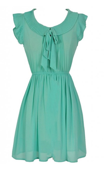 Pleated Collar Semi-Sheer Bow Neck Dress in Sea Green